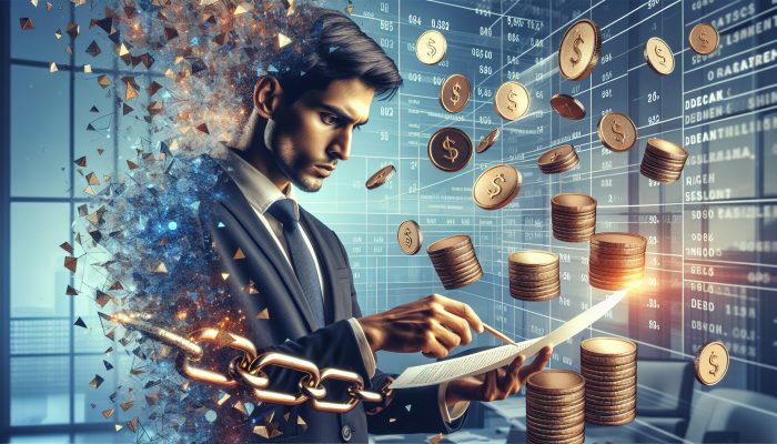 What APR Is Good for Debt Consolidation?: Key Factors Explained | DCL Focused individual in a modern London office reviews loan document with bold red 'APR', surrounded by interest graphs, breaking chains, and coin stacks.