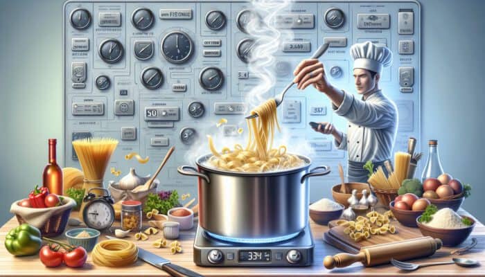 A busy kitchen scene featuring a pot of boiling pasta, a ticking timer, a chef testing for al dente, and fresh ingredients ready for use.