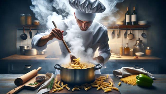 An experienced chef stirs fusilli and penne pasta in a bubbling pot using a wooden spoon in a steamy kitchen environment.