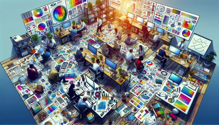 In a modern Patchway design agency, creative professionals collaborate on digital screens, sketching logos, developing websites, and using colourful prototypes.