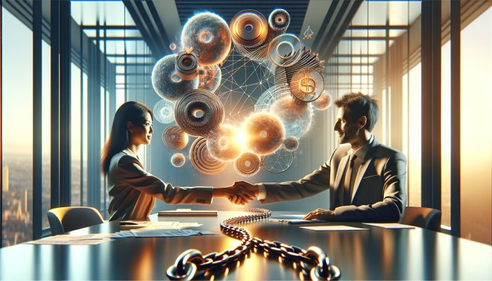 Two partners shaking hands at a desk with financial documents, as tangled debt chains merge into a golden link in a sunlit office.
