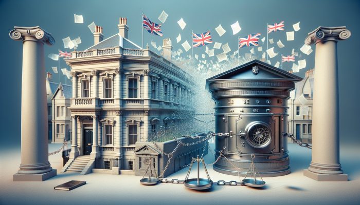 Secured vs Unsecured Debt Consolidation Loans | DCL A Victorian house chained to a bank vault, with fluttering legal documents, a balanced scale, and Union Jack under cloudy skies, symbolising a UK secured loan.