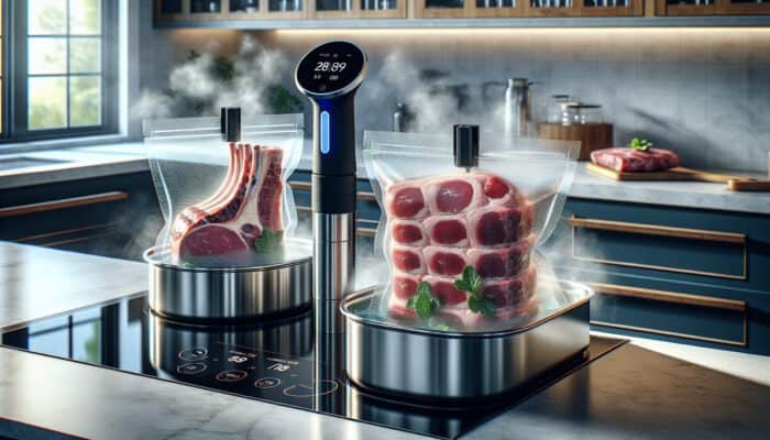 Modern kitchen scene: sous vide water bath with lamb and pork bags, timer at 2 hours and 57°C, gentle steam rising from juicy meats.