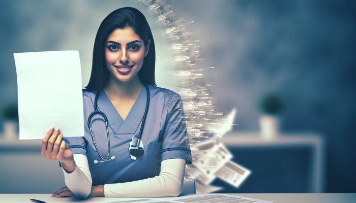 Debt Consolidation for NHS and Public Sector Staff | DCL Smiling NHS nurse in scrubs holds loan document at desk, as credit card bills fade, symbolizing financial relief.