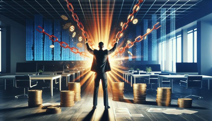 Debt Consolidation for Overdraft Debt Only: Key Strategies | DCL Person in a modern office breaking red overdraft chains into a golden rope, with glowing financial charts in the background, symbolizing debt relief.