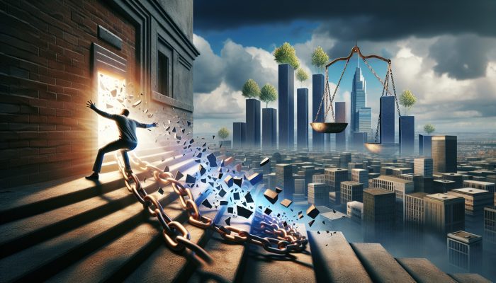 Debt Consolidation for Overdraft Debt Only: Key Strategies | DCL A person escaping chains labeled "Debt Myths" amid shattered credit illusions, with a glowing path, scales, and rising graphs in a surreal landscape.