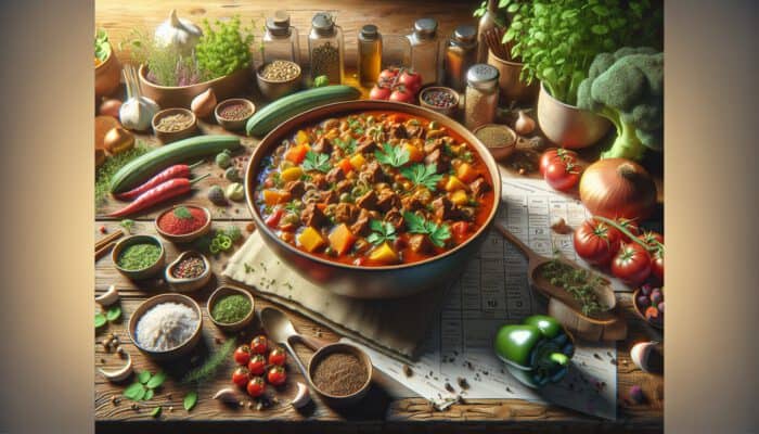 A vibrant bowl of goulash with plant-based meat and gluten-free thickeners, surrounded by fresh herbs and vegetables on a rustic wooden table.