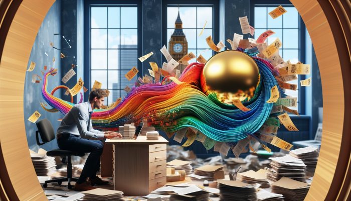 Self Employed Debt Consolidation: What to Know | DCL A self-employed freelancer in a cluttered UK home office, with colourful debt papers merging into a golden loan document and Big Ben visible.