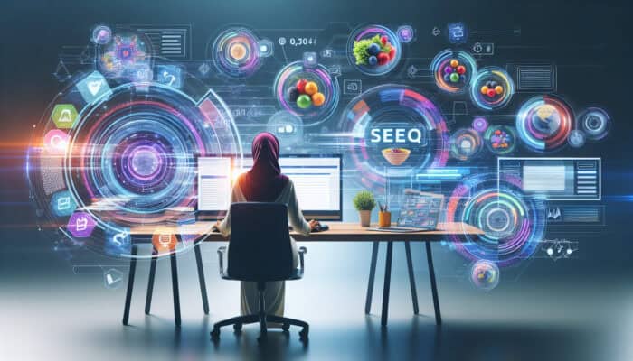 A focused analyst at a modern desk, surrounded by floating holographic keywords, examining SEO graphs on multiple screens.