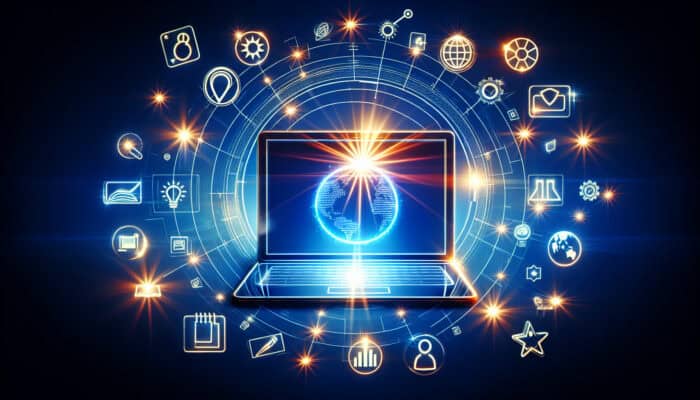 A futuristic digital workspace featuring a laptop displaying search results for "comfortable running shoes for flat feet," surrounded by floating SEO keywords like "eco-friendly summer dresses."