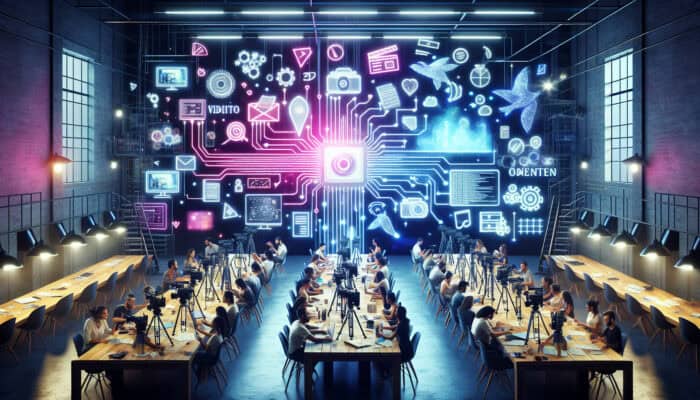 Energetic creators in a minimalist digital workspace transform chaotic video cameras, scripts, and notes into an organized glowing content calendar flowchart.