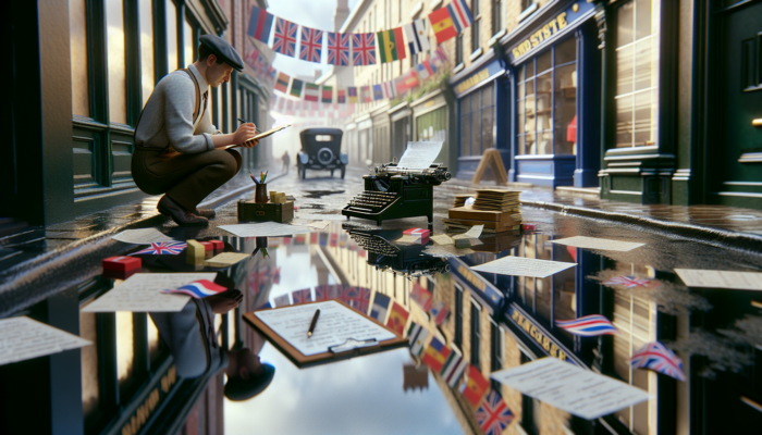 A small business owner on a rainy UK high street, surrounded by regional flags and maps, balances a typewriter with formal documents and casual notes.