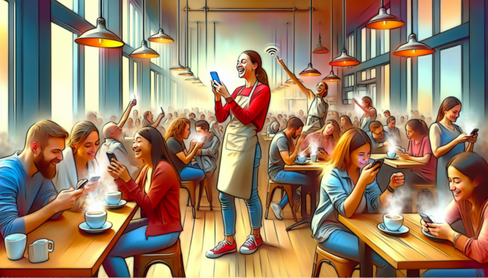 In a lively café in Lechlade, a smiling owner shares videos on illuminated social media screens, while patrons engage with their phones, sipping steaming coffee.