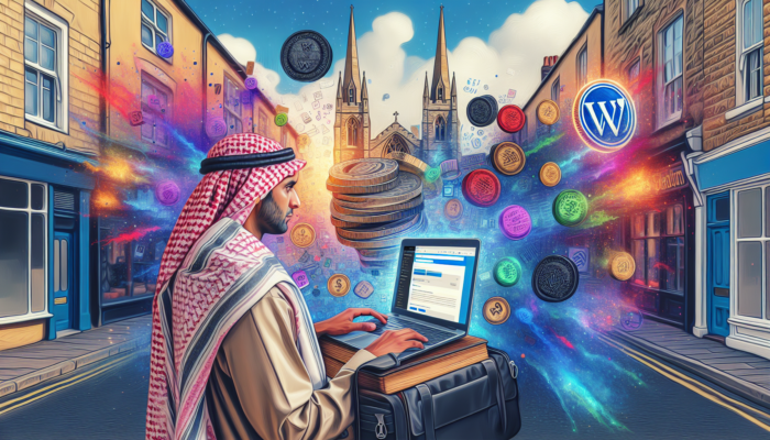 Small business owner in Fairford examines laptop with vibrant WordPress design, surrounded by floating coins, price tags, and budget graphs.