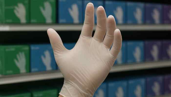 Close-up of a hand in a snug Braintree vinyl glove on a retail shelf, demonstrating comfort and dexterity.