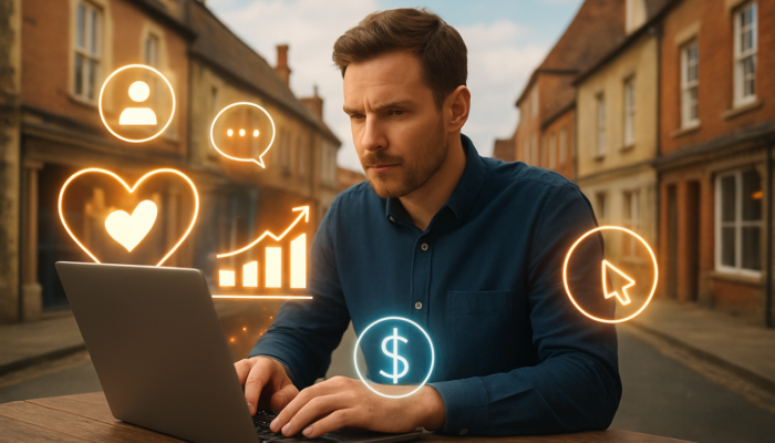 Devizes business owner assessing digital marketing budget on laptop with social media icons and growth charts.