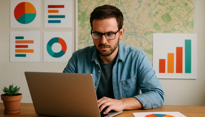 Devizes business owner examining demographic charts on laptop with a town map backdrop.