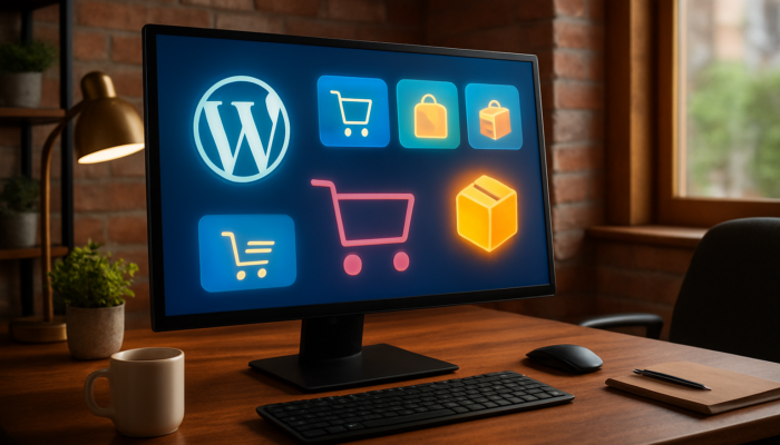 Vibrant WordPress dashboard in Bridport office, featuring WooCommerce e-commerce icons and shopping carts.
