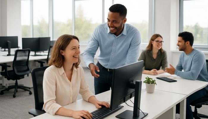 A modern Ilchester office with immaculate desks, ergonomic workstations, and happy employees collaborating.