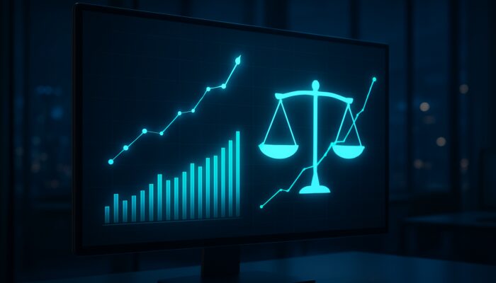 A sleek financial dashboard displaying the Calmar Ratio, upward-trending stocks, and risk-return balance in a modern office.