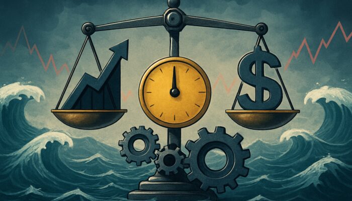 A financial scale balancing the Calmar Ratio amid stock market fluctuations and gears adjusting for volatility and risk.