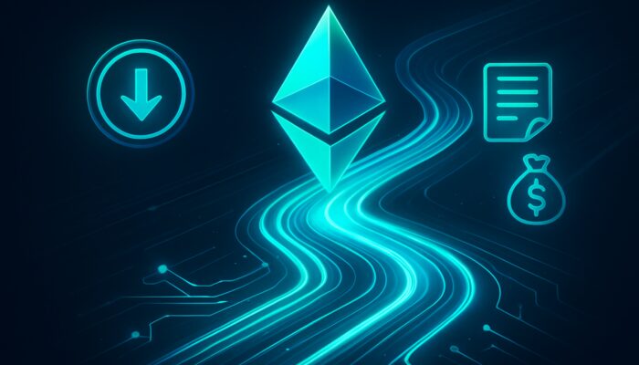 Neon blue-green visualisation showcasing plummeting Ethereum gas fees through optimised glowing blockchain pathways.