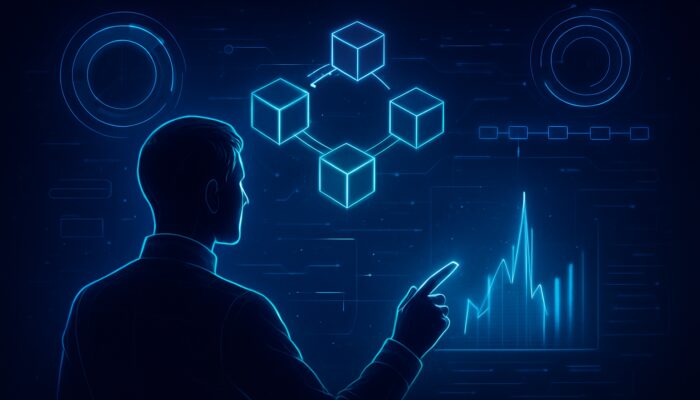 Futuristic analyst examines holographic blockchain charts for gas fee spikes amidst neon cyber timelines
