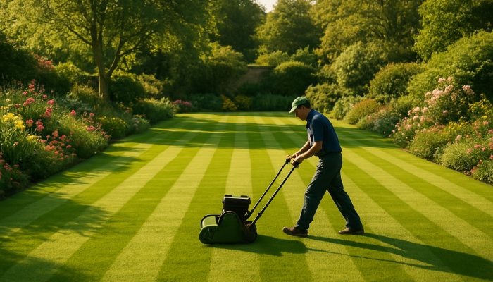 Gardener carefully mowing a perfectly striped lush lawn in a serene Yeovil garden adorned with blooming flowers.