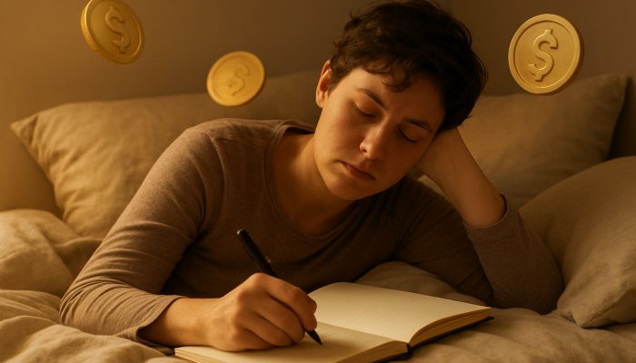 Tired individual relaxing in bed writing a gentle debt repayment plan in a journal with warm golden light