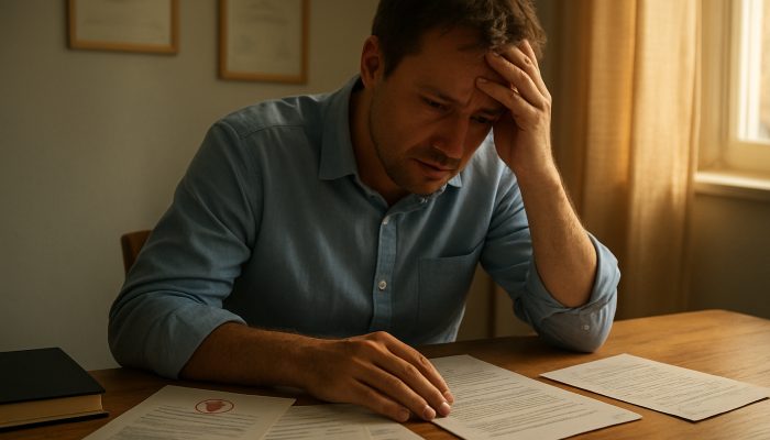 Concerned person at a sunlit desk with medical certificates, bills, and a letter requesting creditor relief
