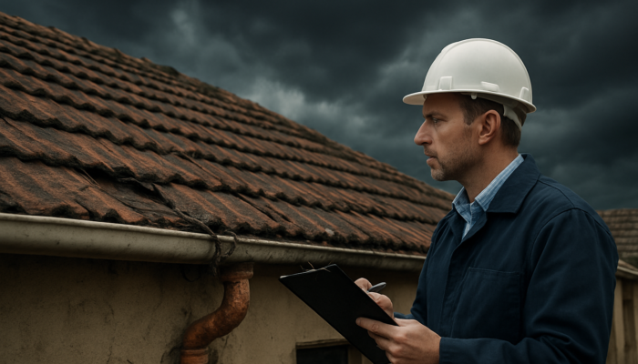 Professional inspector examining cracked roof and exposed wires on old South African home in Springs under stormy sky.