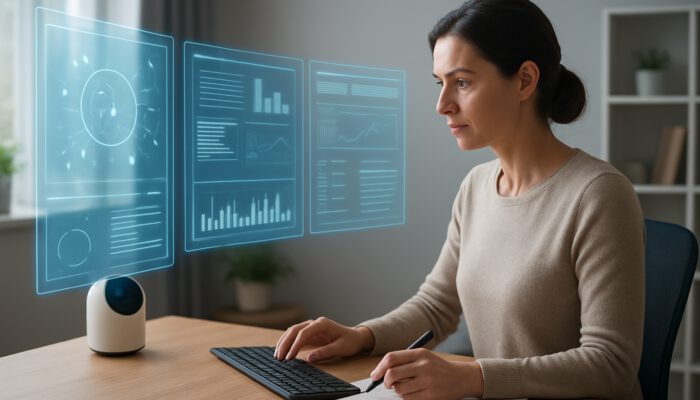 Remote assistant using holographic screens to display research and editing tools for a focused writer in a modern home office.