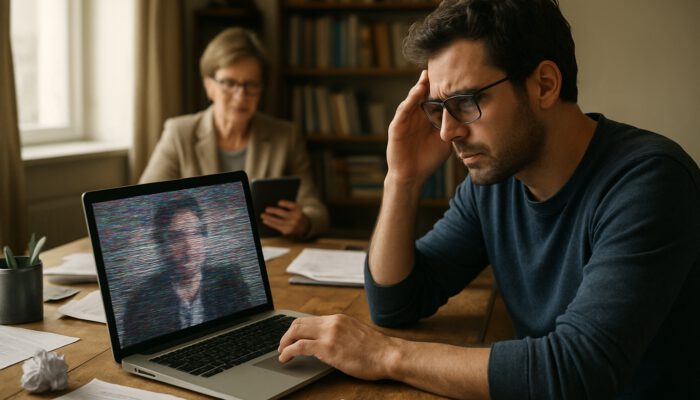 Remote writer struggles with a glitchy video call in a cluttered office while supervisor reviews documents on a tablet.