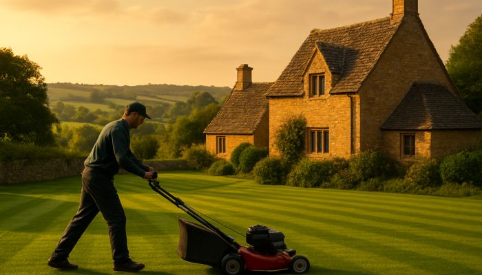 Gardener mowing immaculate lawns adjacent to stone cottages in the Haselbury Plucknett countryside