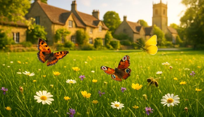 Freshly mowed lawn in Haselbury Plucknett with wildflowers, butterflies, and bees in golden sunlight.