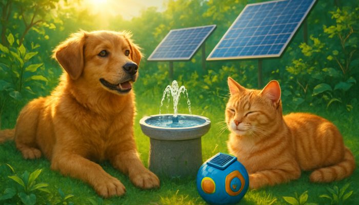 Dog and cat relaxing with solar-powered pet gadgets in a sunlit eco-friendly garden featuring solar panels.