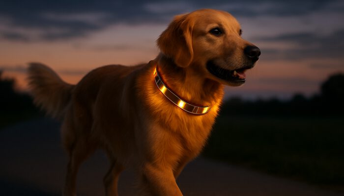 Golden retriever at dusk wearing a glowing solar-powered LED collar with solar panels for added visibility.