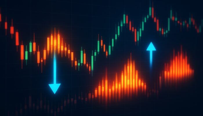 Trading interface showcasing illuminated volume clusters, reversal arrows, and fluctuating candlesticks amid market variations.