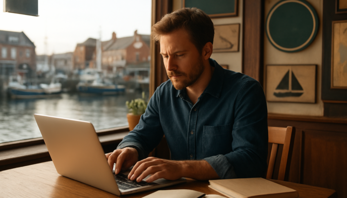 Writer typing expert blog content for Gloucester small businesses in sunlit harbour café