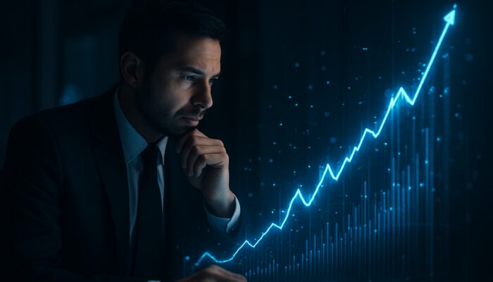 Trader studying luminous holographic charts of a rising profit-to-drawdown ratio in a dimly lit office
