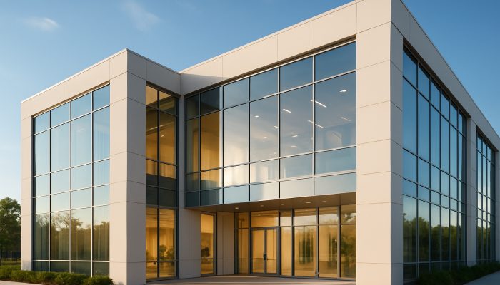 Modern commercial building featuring pristine windows and inviting interiors.