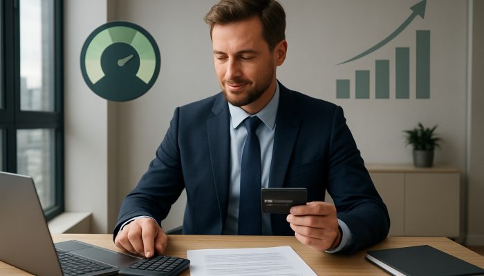 Demonstrating Responsible Behaviour to Lenders: Effective Techniques | DCL British professional pays off credit card with glowing 25% utilization meter and rising credit scores