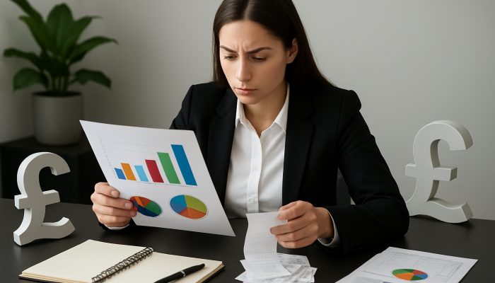 Demonstrating Responsible Behaviour to Lenders: Effective Techniques | DCL Young professional reviewing income-expense charts with British pound symbols at sleek desk
