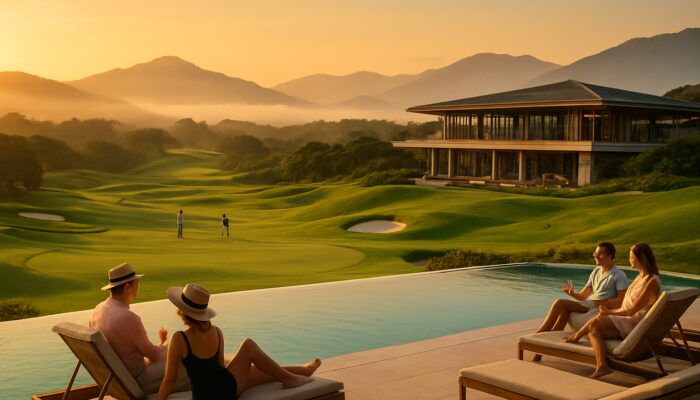 Mount Edgecombe Country Club at golden hour showcasing emerald golf fairways, a modern clubhouse, and guests enjoying the poolside.