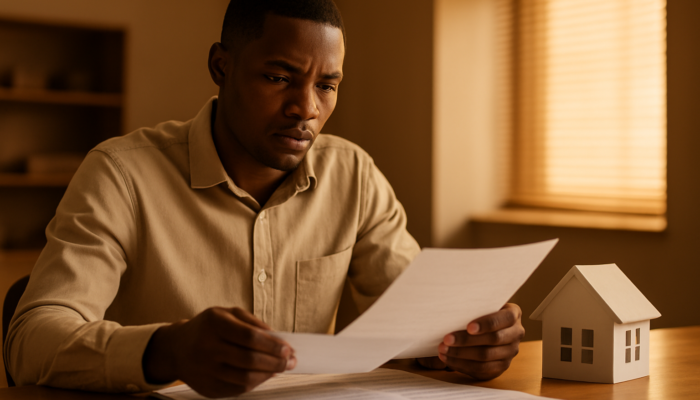 Focused South African applicant examining payslips and employment contracts for home loan approval.