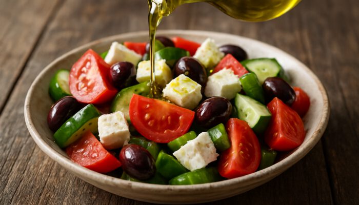 Close-up of emerald olive oil drizzled on rustic Greek horiatiki salad with feta and vegetables.
